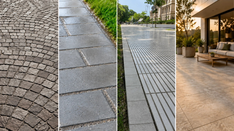Pisos de exterior con diferentes materialidades: Piedra natural, loseta calcarea, baldosa granitica, porcelanato