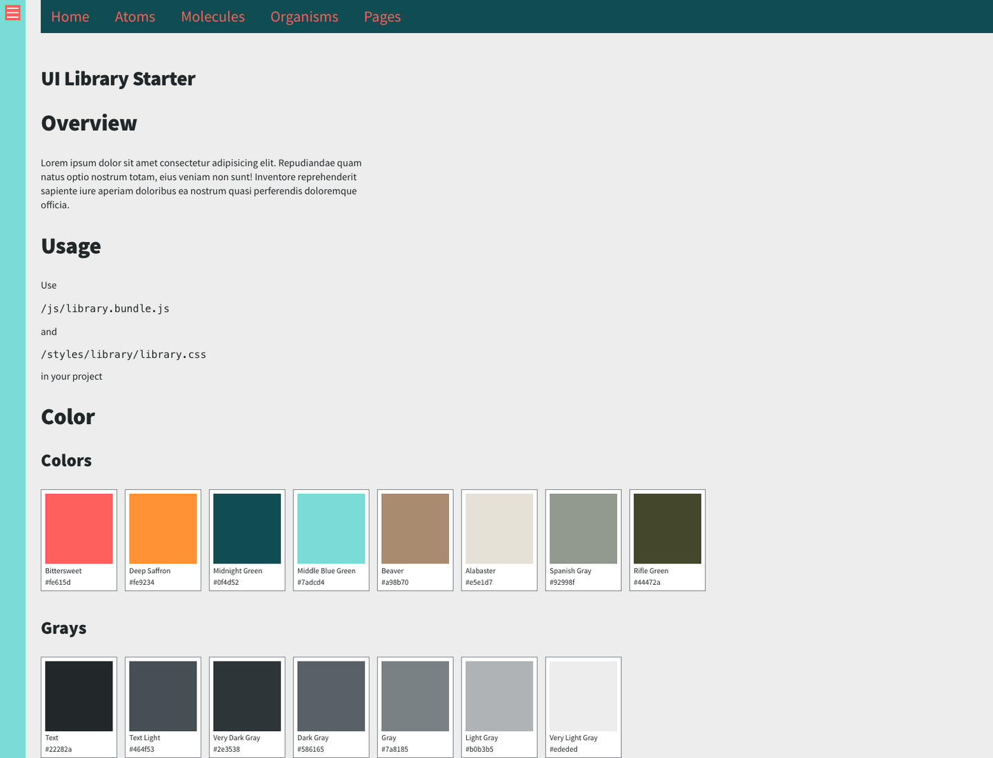 Screenshot of the UI Library Starter project, featuring the home page with an overview, usage, and color swatches.
