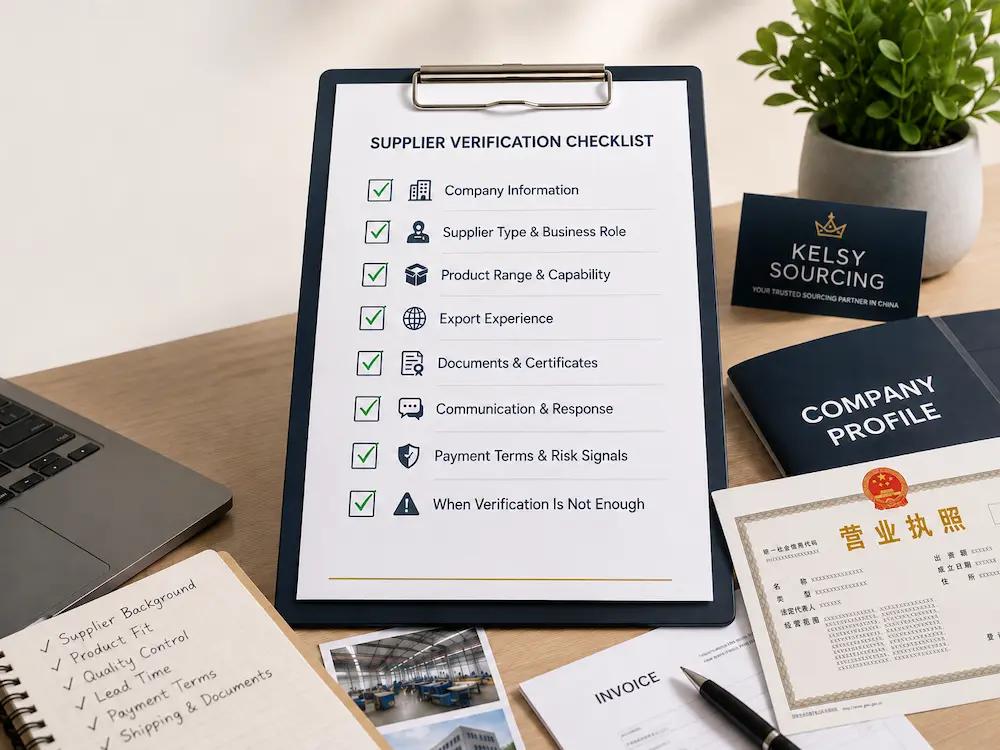 Supplier verification checklist with sourcing documents, business records, product samples, and supplier review notes on a desk