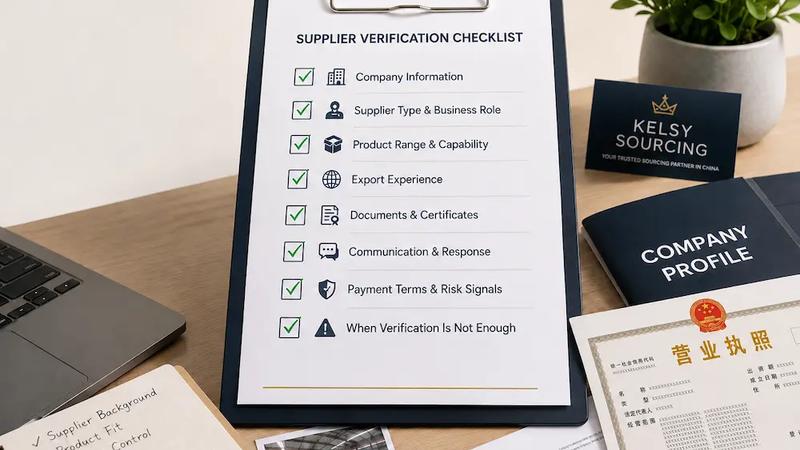 Supplier verification checklist with sourcing documents, business records, product samples, and supplier review notes on a desk