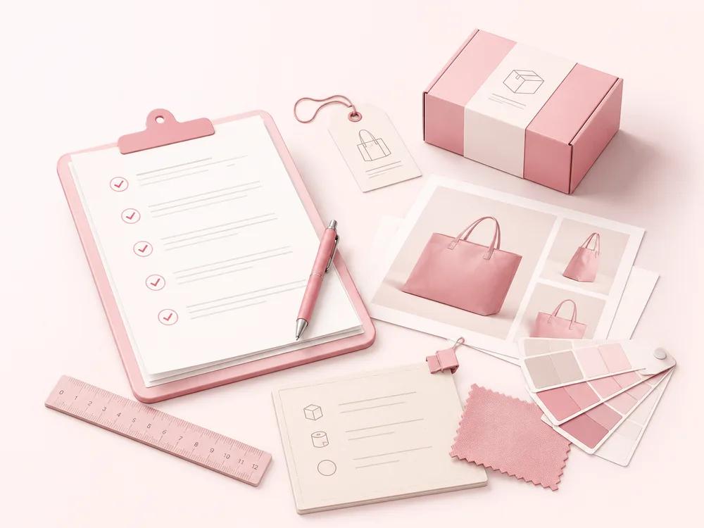 Checklist, packaging sample, product sheets, and material swatches for preparing sourcing requirements