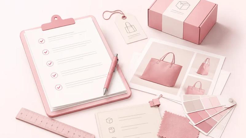 Checklist, packaging sample, product sheets, and material swatches for preparing sourcing requirements