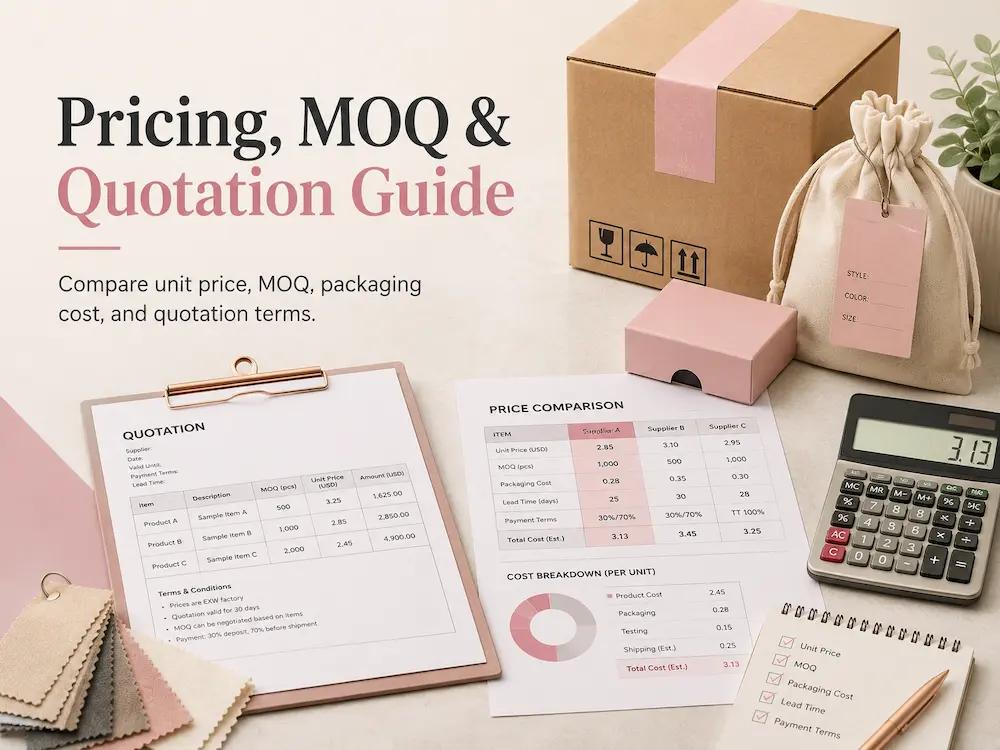 China supplier pricing and MOQ comparison with product samples, packaging options, quantity tiers, quotation sheets, and sourcing cost details