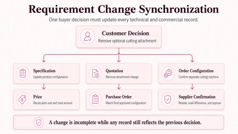 Diagram showing a customer requirement change updating the specification, quotation, configuration, price, purchase order, and supplier confirmation
