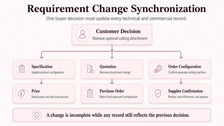 Diagram showing a customer requirement change updating the specification, quotation, configuration, price, purchase order, and supplier confirmation