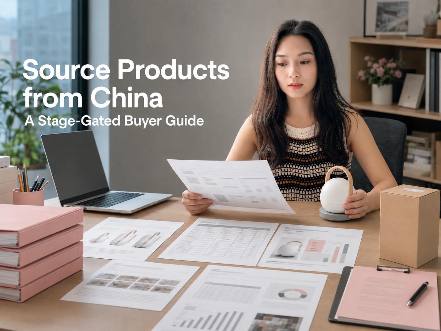 Kelsy reviewing product requirements, supplier evidence, sample records, inspection results, and shipping documents for a China sourcing project.