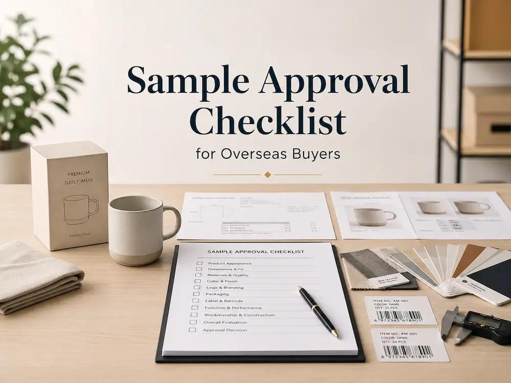 Product samples, specification sheets, packaging references, and approval notes arranged for a buyer sample review.