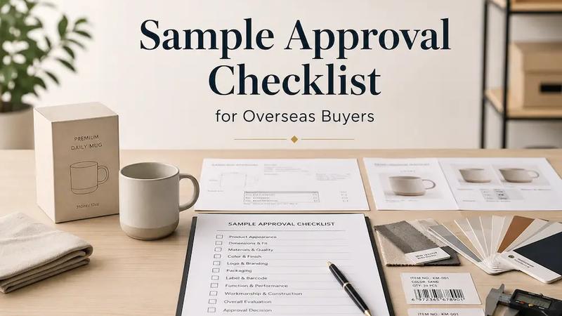 Product samples, specification sheets, packaging references, and approval notes arranged for a buyer sample review.
