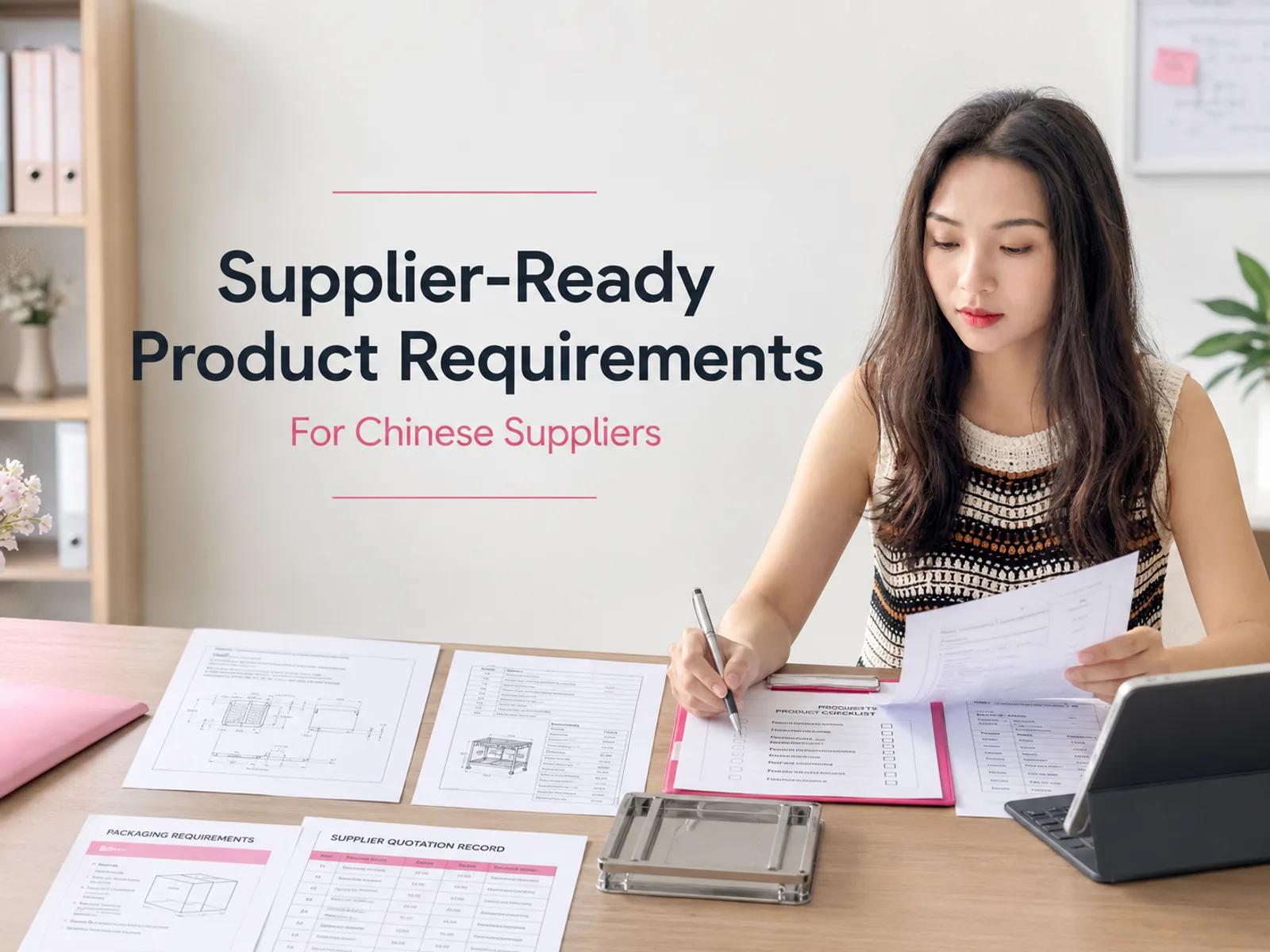 Kelsy reviewing supplier-ready product requirements for Chinese suppliers