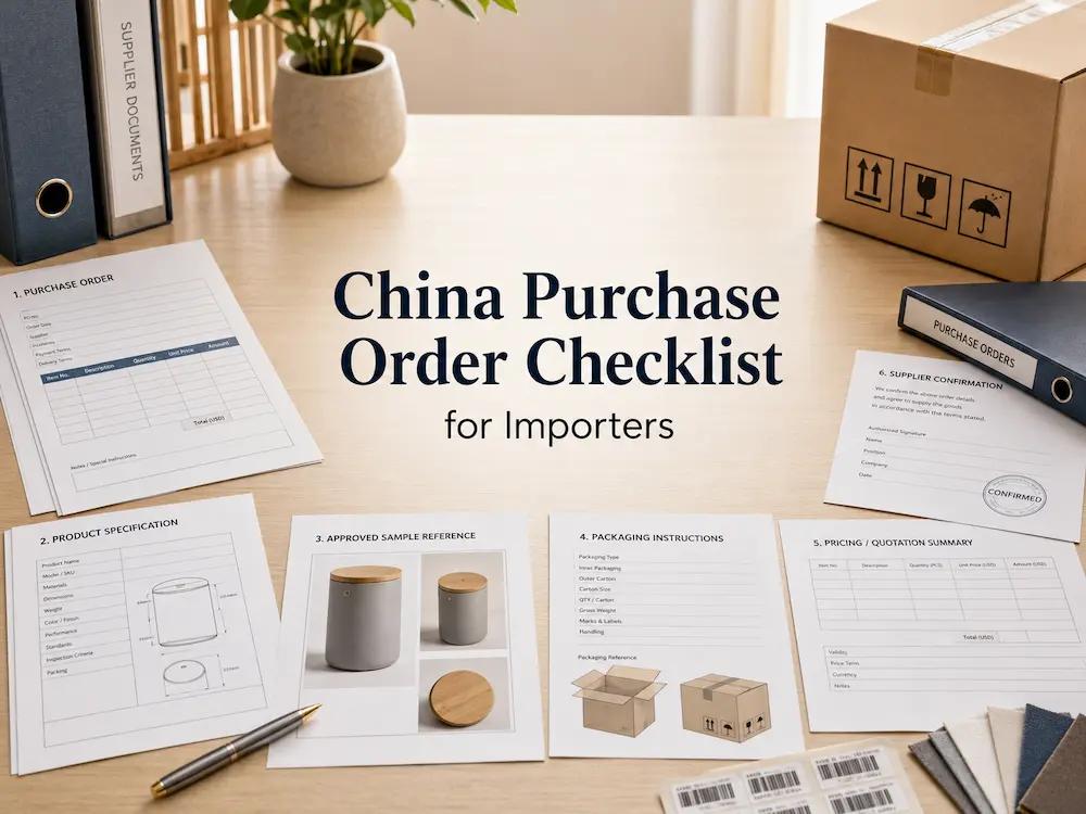 Purchase order, product specification sheets, approved sample references, packaging instructions, pricing details, and supplier confirmation records prepared for importer review.