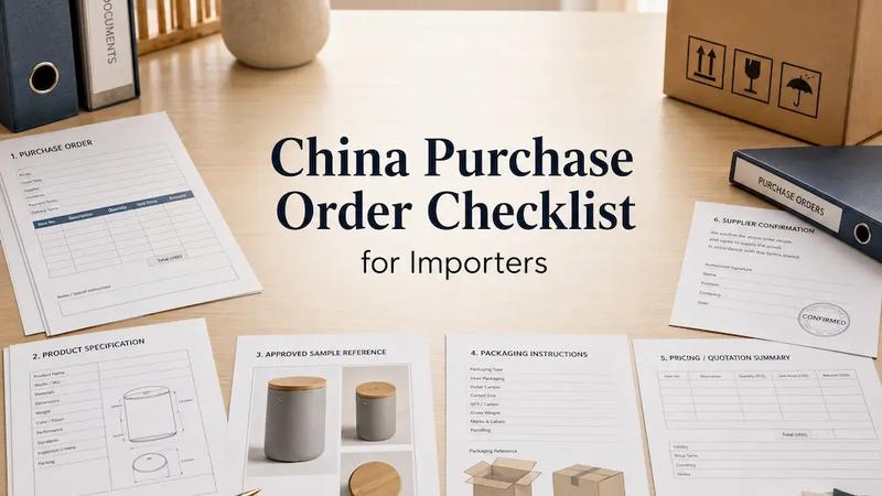 Purchase order, product specification sheets, approved sample references, packaging instructions, pricing details, and supplier confirmation records prepared for importer review.
