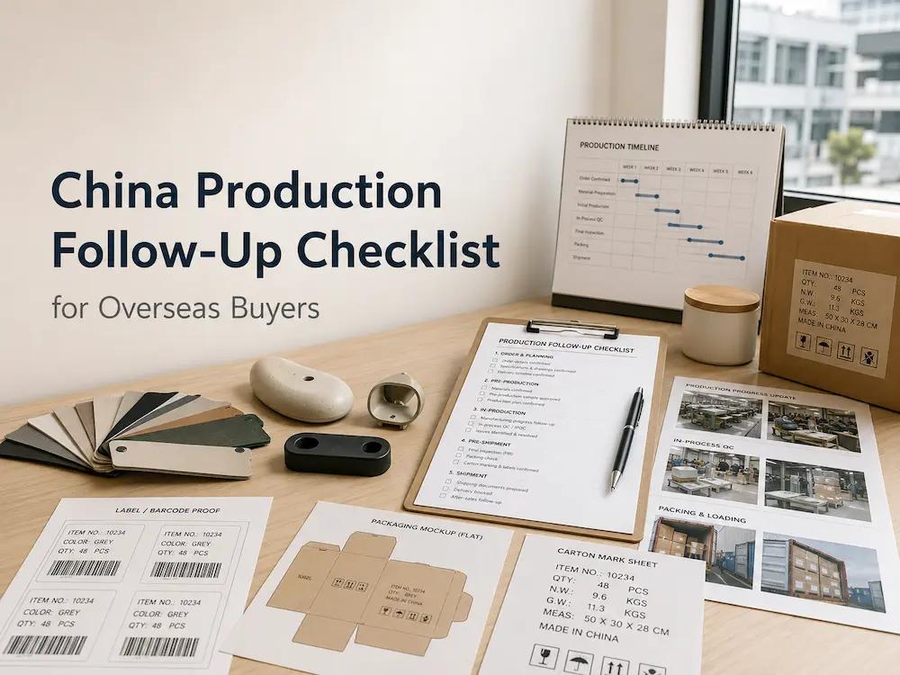 Production timeline, supplier progress documents, packaging samples, and inspection preparation materials arranged on a sourcing workspace.