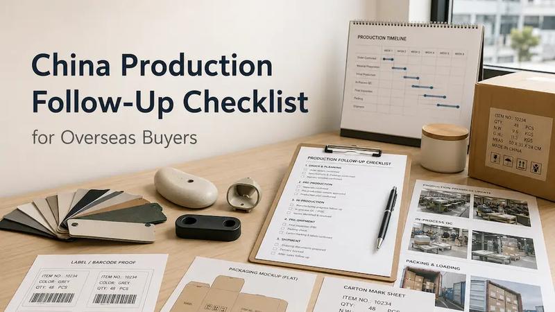 Production timeline, supplier progress documents, packaging samples, and inspection preparation materials arranged on a sourcing workspace.