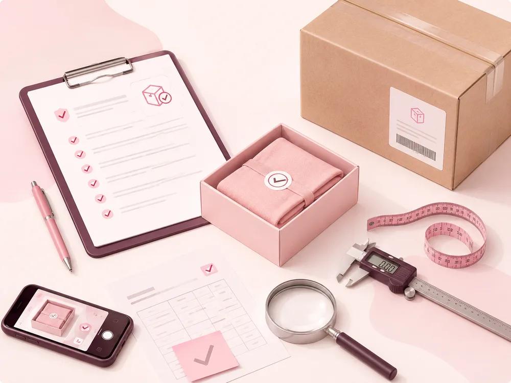 Inspection checklist, packaging box, measuring tools, and product sample for pre-shipment quality preparation