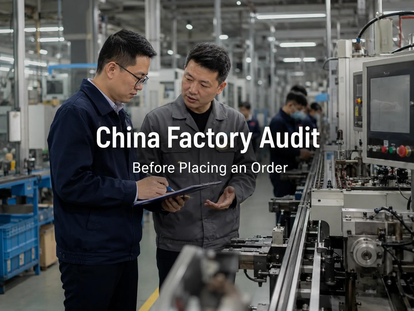 Factory auditor reviewing production equipment and process records with a supplier representative in a Chinese manufacturing facility.