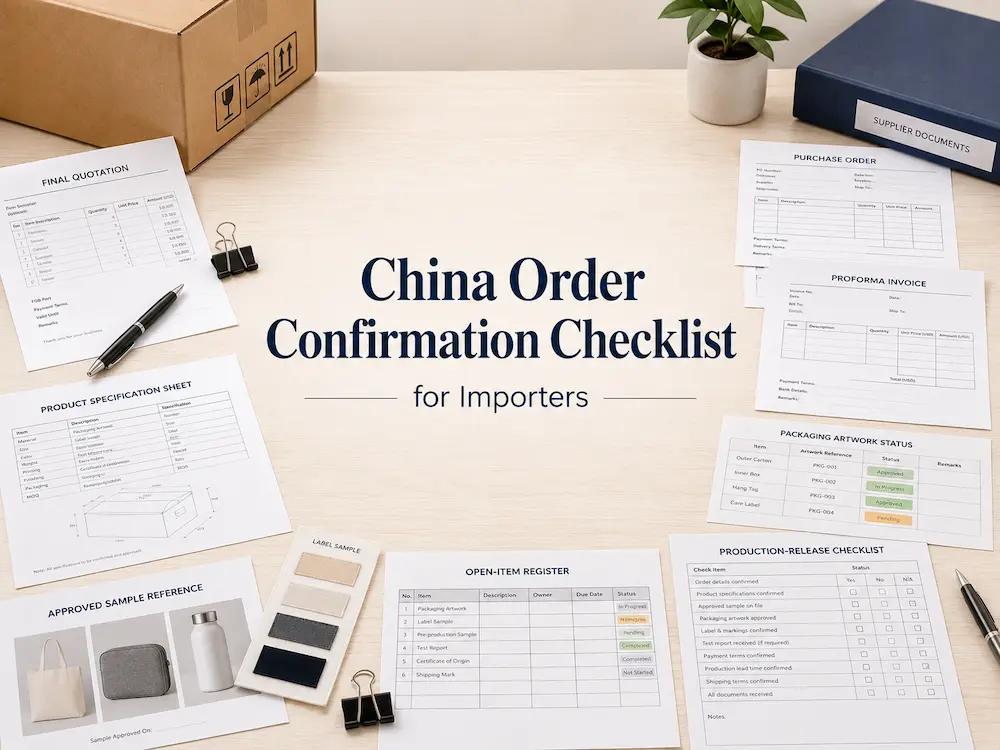 Final quotation, purchase order, product specifications, approved samples, packaging status, open-item register, and production-release checklist prepared for supplier confirmation.