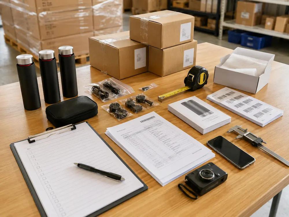 Pre-shipment inspection checklist with product samples, cartons, labels, measuring tools, inspection notes, and shipment documents on a warehouse table
