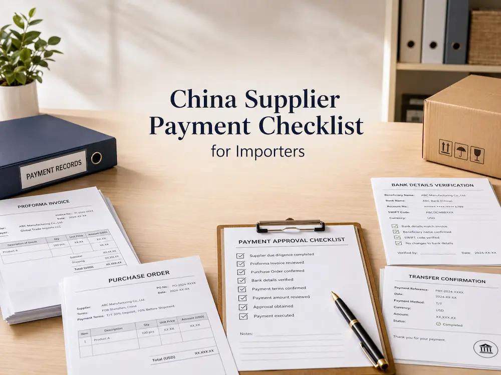 Proforma invoice, supplier bank verification details, payment approval checklist, purchase order, and transfer records prepared for importer review.
