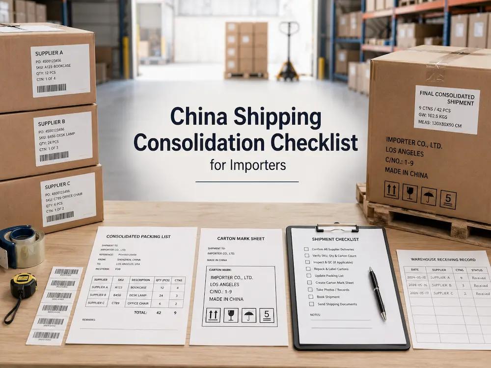 Consolidation warehouse receiving records, supplier cartons, packing lists, labels, and shipping documents arranged for a combined China shipment.