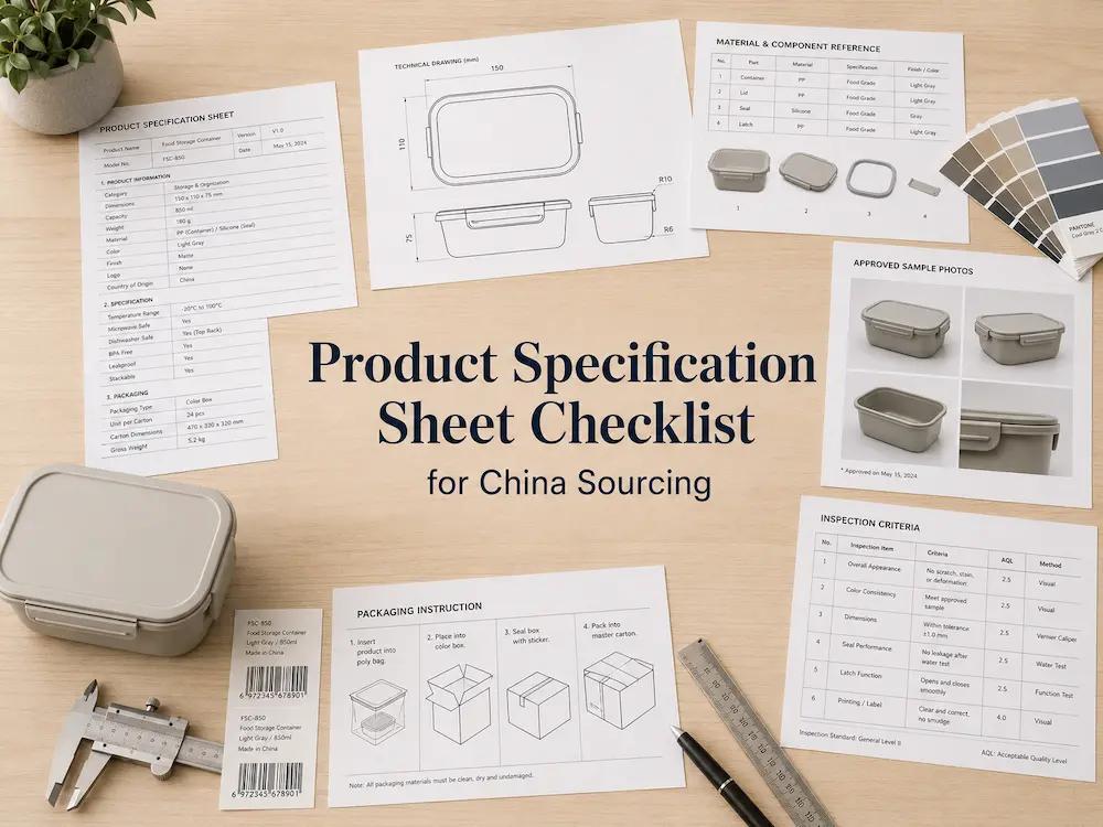 Product specification sheets, technical drawings, material and color references, approved sample photos, packaging instructions, and inspection criteria prepared for supplier review.