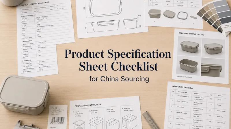 Product specification sheets, technical drawings, material and color references, approved sample photos, packaging instructions, and inspection criteria prepared for supplier review.