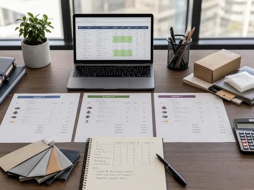 Supplier quotation comparison table with product notes, cost details, sourcing documents, and supplier options on a desk