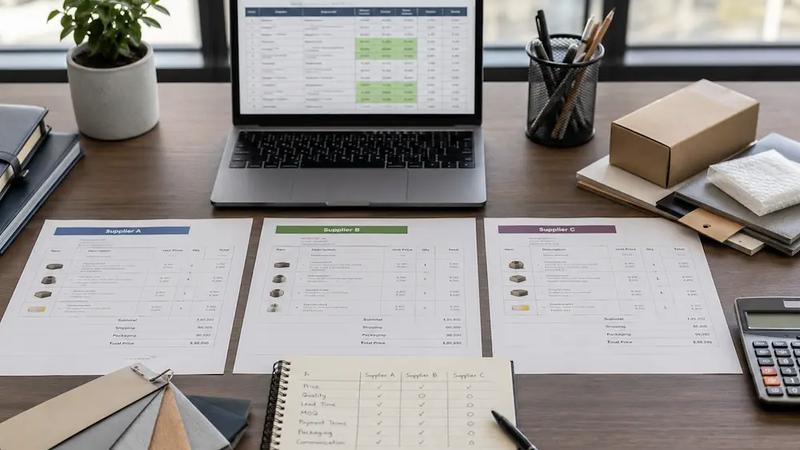 Supplier quotation comparison table with product notes, cost details, sourcing documents, and supplier options on a desk