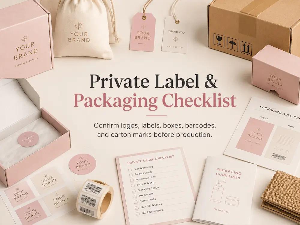 Private label packaging checklist with custom boxes, product labels, logo samples, barcode stickers, manuals, packaging materials, and carton mark examples