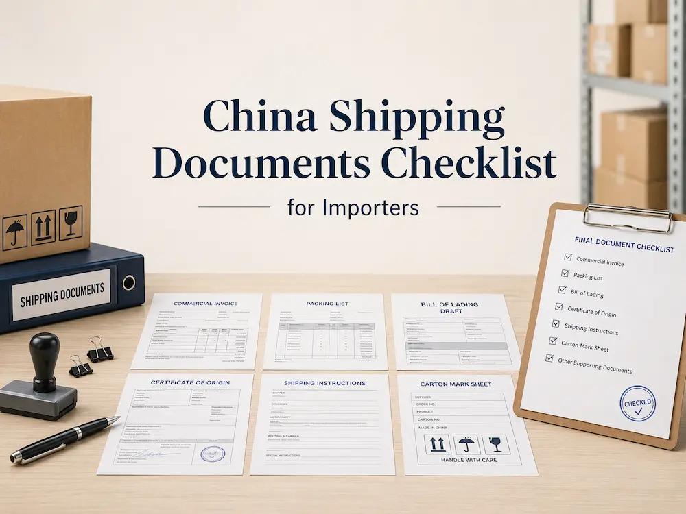 Commercial invoice, packing list, bill of lading draft, certificate documents, and shipment records arranged for an importer’s final review.