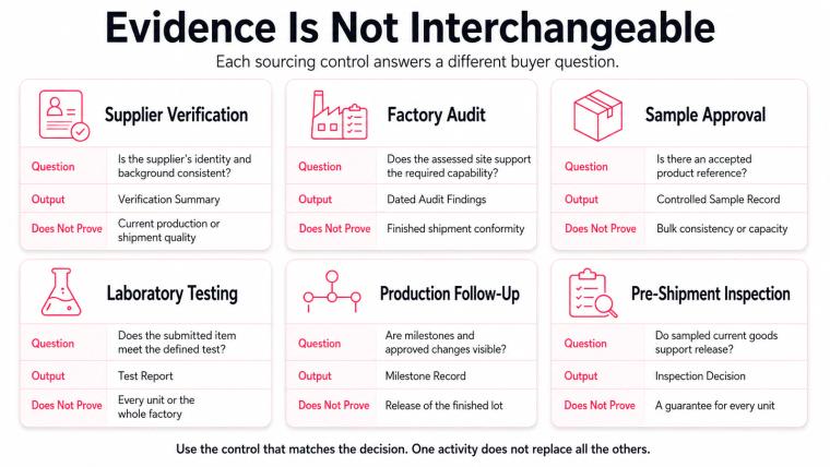 Comparison diagram showing the different questions, outputs, and limits of supplier verification, factory audits, sample approval, laboratory testing, production follow-up, and pre-shipment inspection.