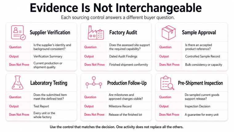 Comparison diagram showing the different questions, outputs, and limits of supplier verification, factory audits, sample approval, laboratory testing, production follow-up, and pre-shipment inspection.