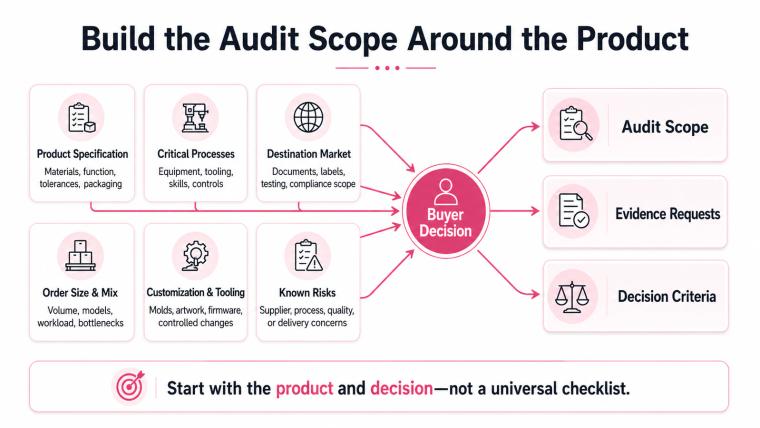 Diagram showing six buyer inputs flowing into factory audit scope, evidence requests, and decision criteria.