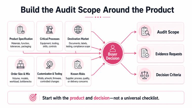 Diagram showing six buyer inputs flowing into factory audit scope, evidence requests, and decision criteria.