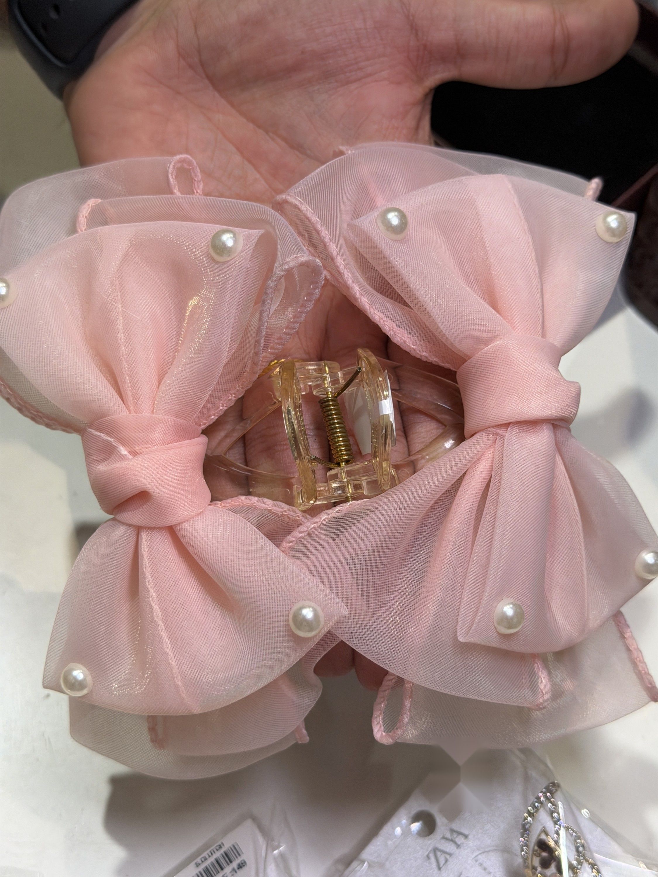 Pearl tulle bow hair clutcher, pink