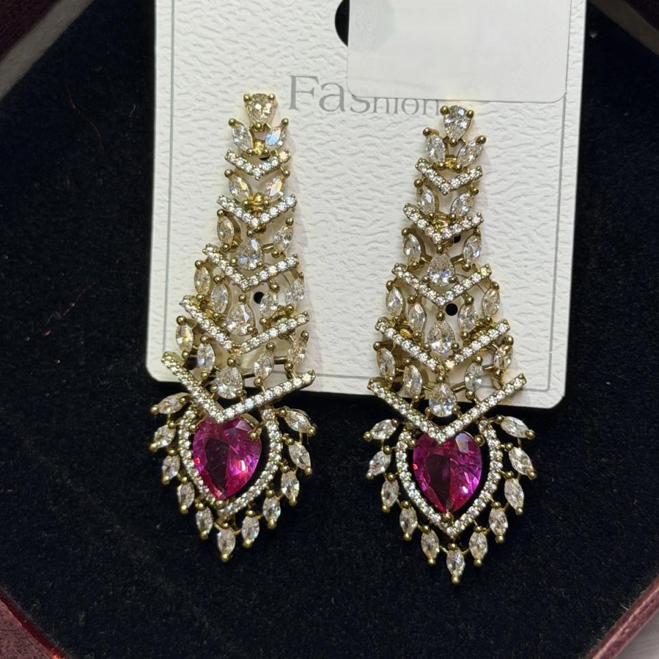 Pink stone long earrings