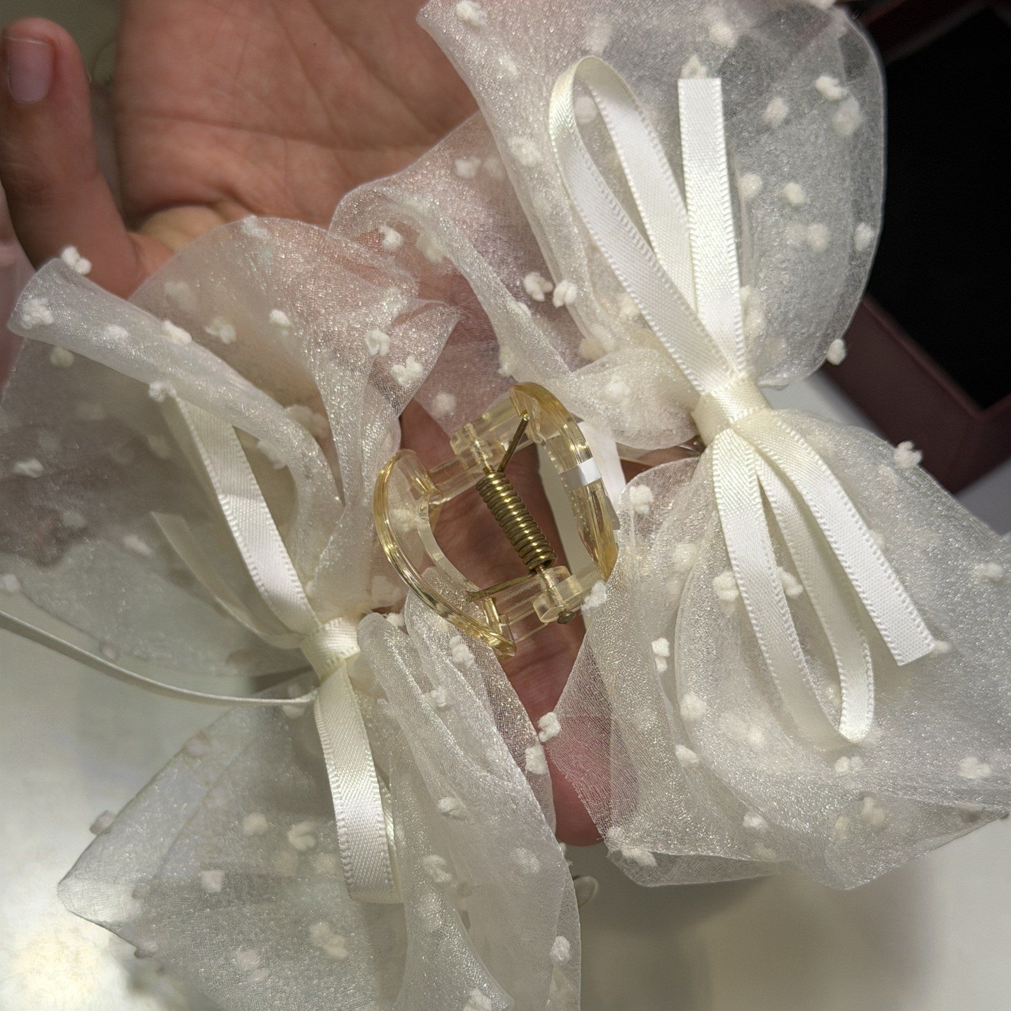 Dotted organza bow hair clutcher, ivory