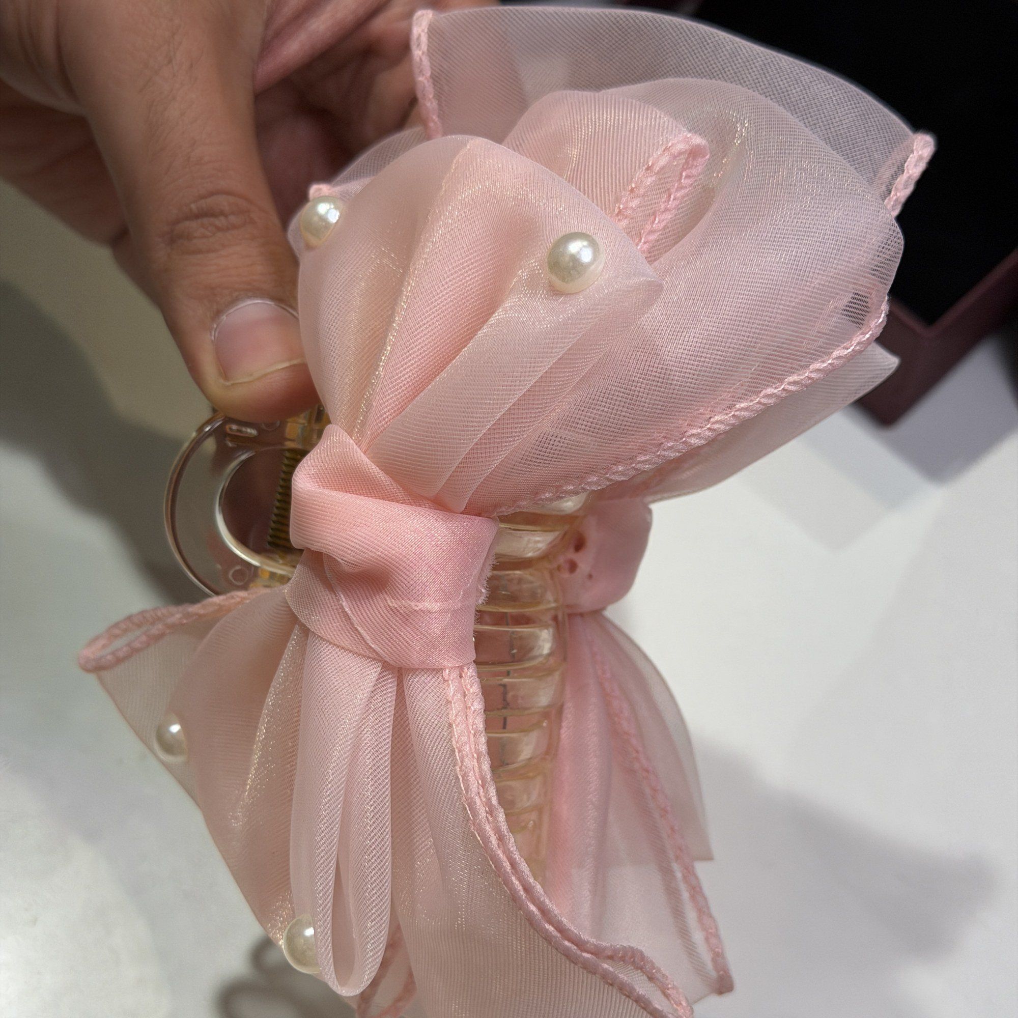 Pearl tulle bow hair clutcher, pink, photo 2