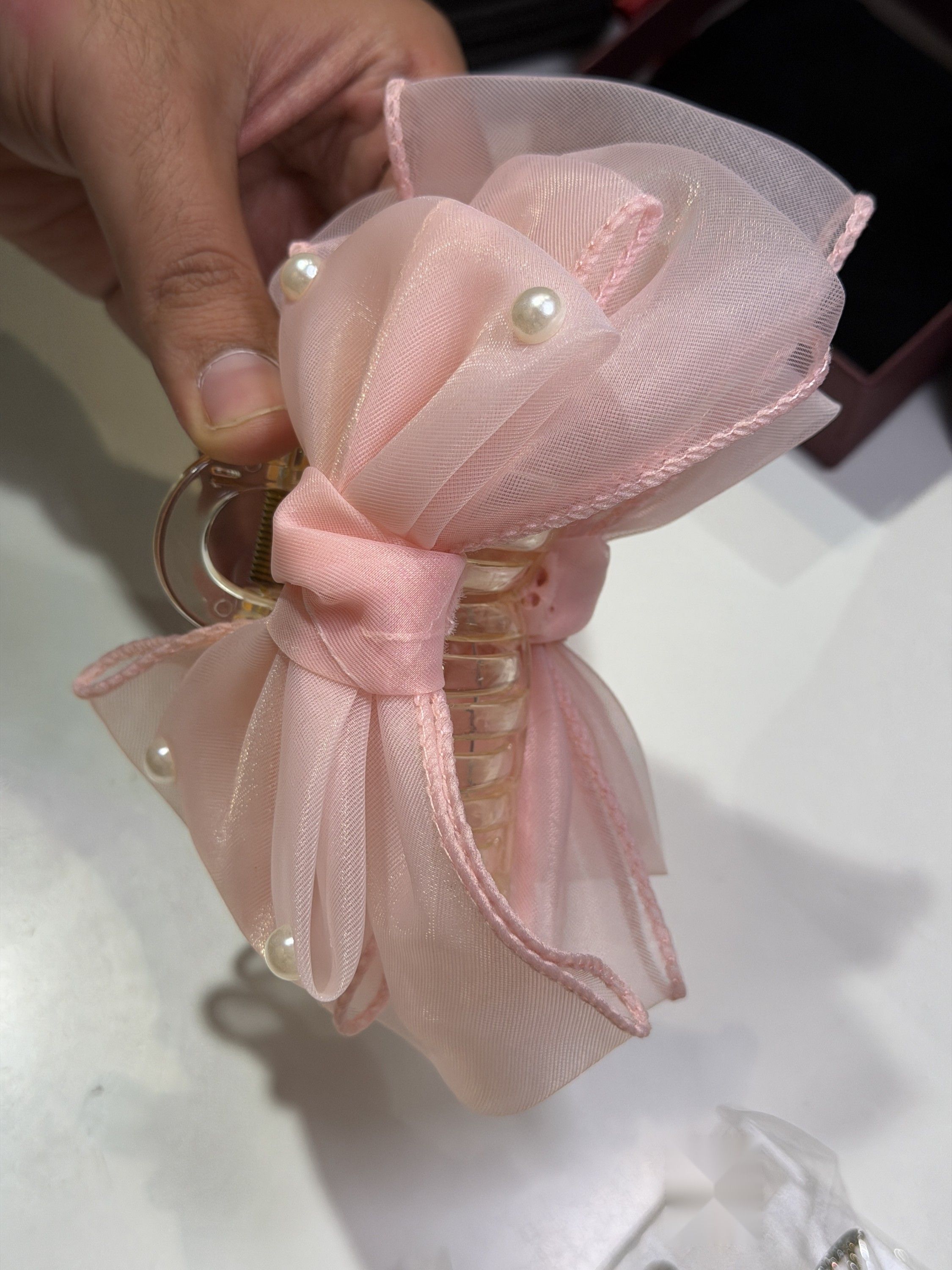 Pearl tulle bow hair clutcher, pink, photo 2
