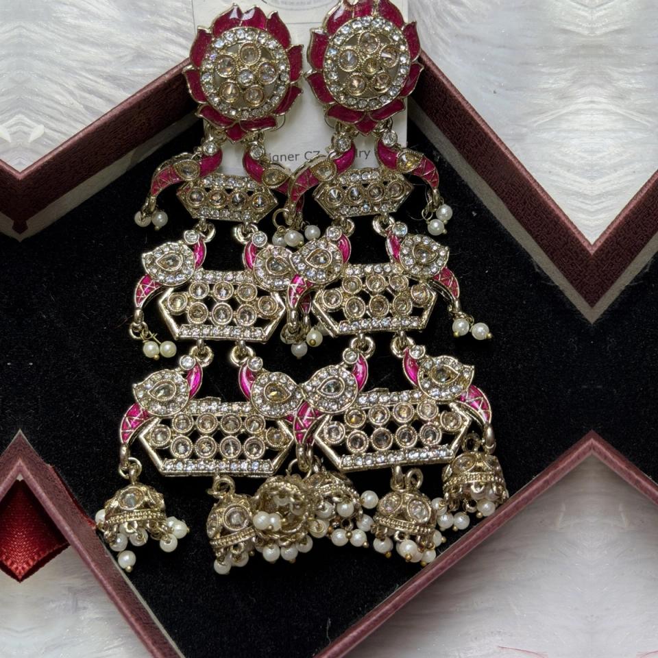 Pink meena layered jhumka earrings