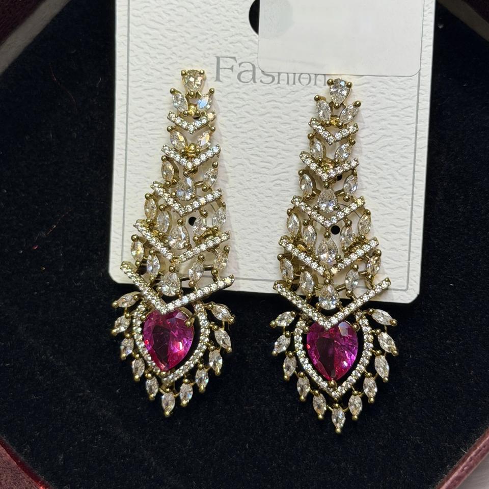Pink stone long earrings