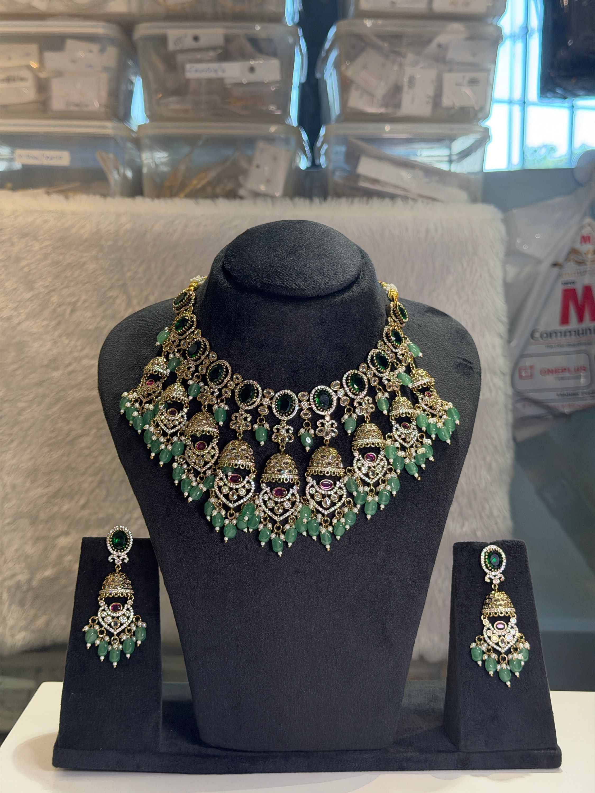 Green bead kundan choker set