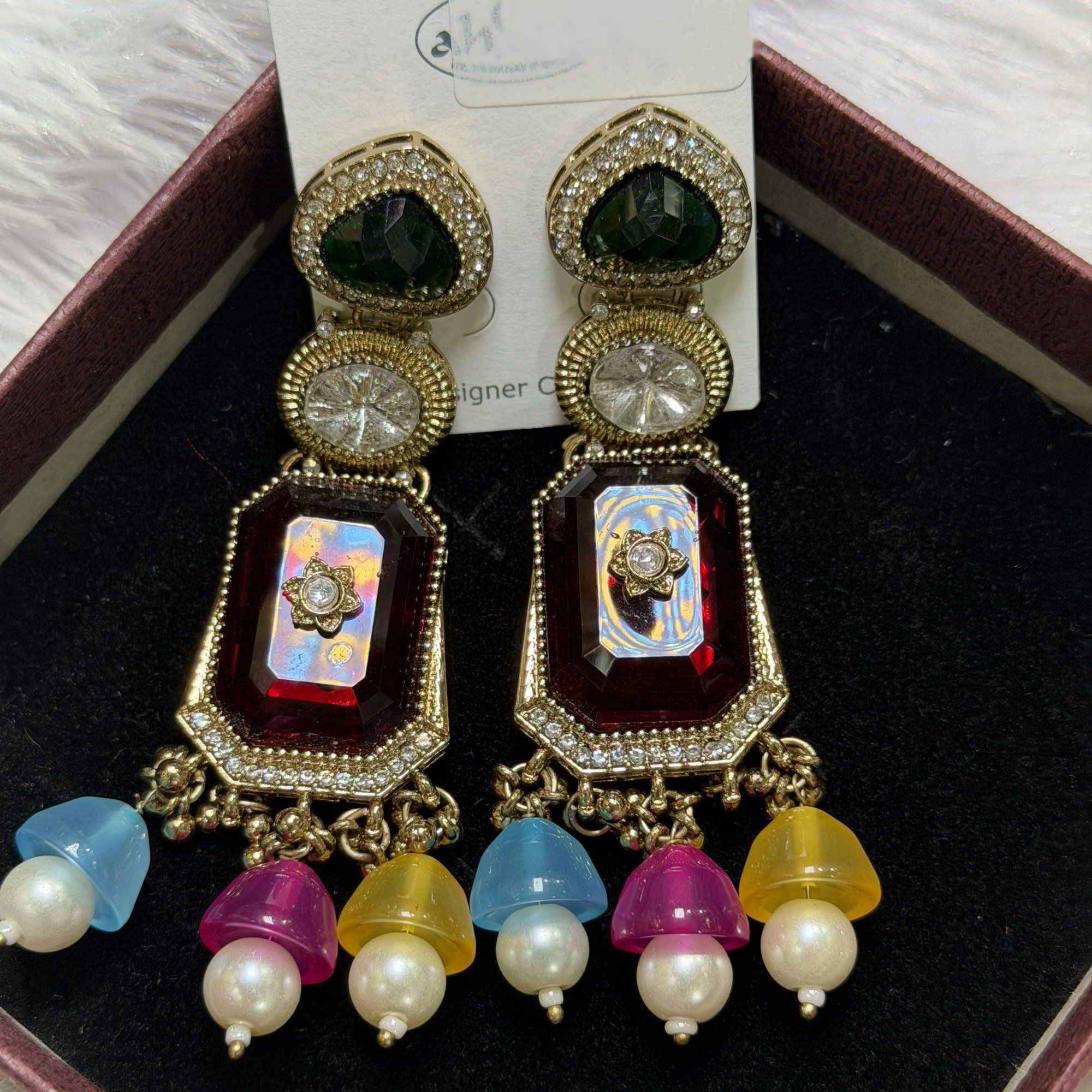 Stone drop earrings with coloured beads