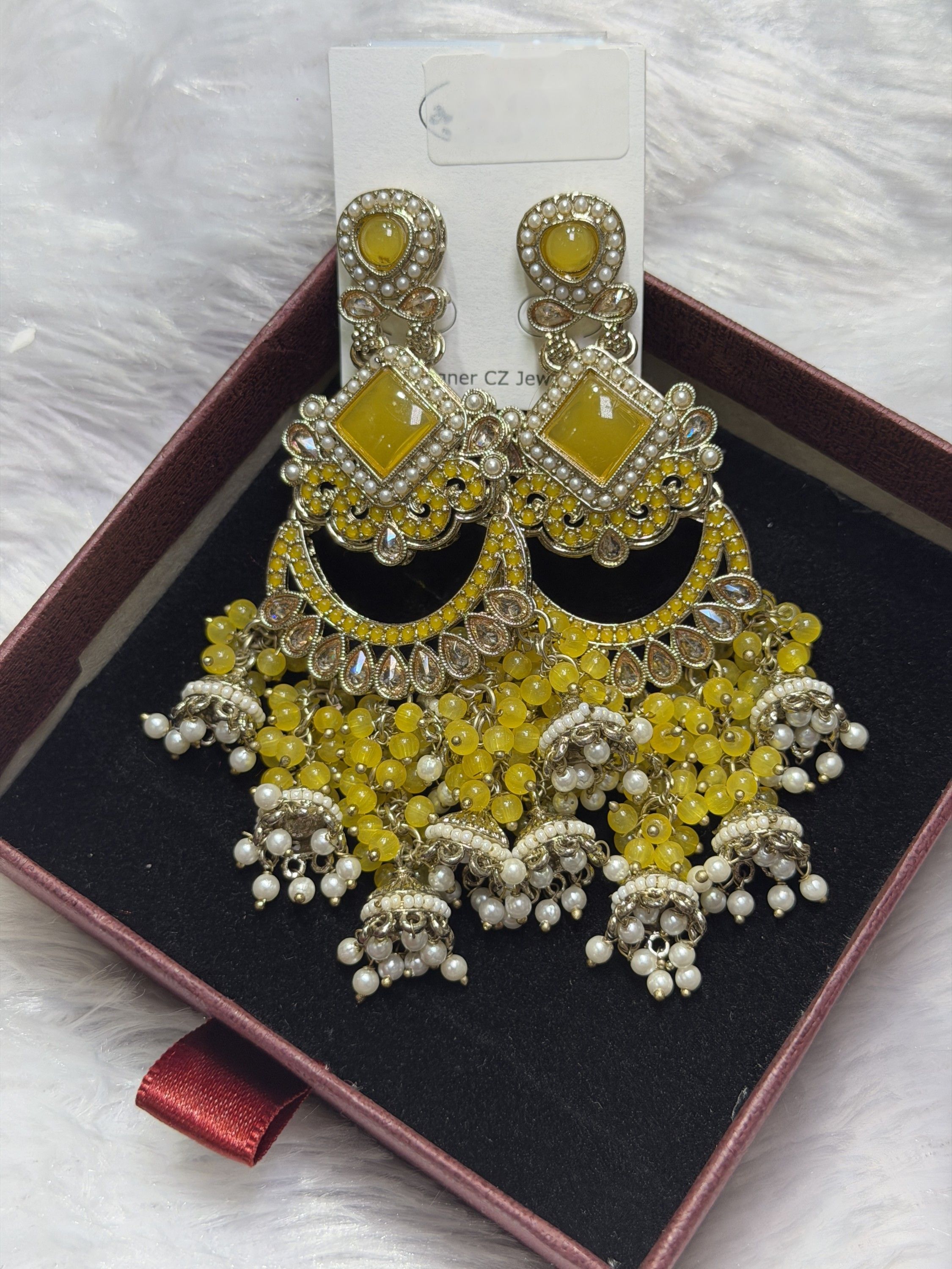 Yellow bead chandbali earrings