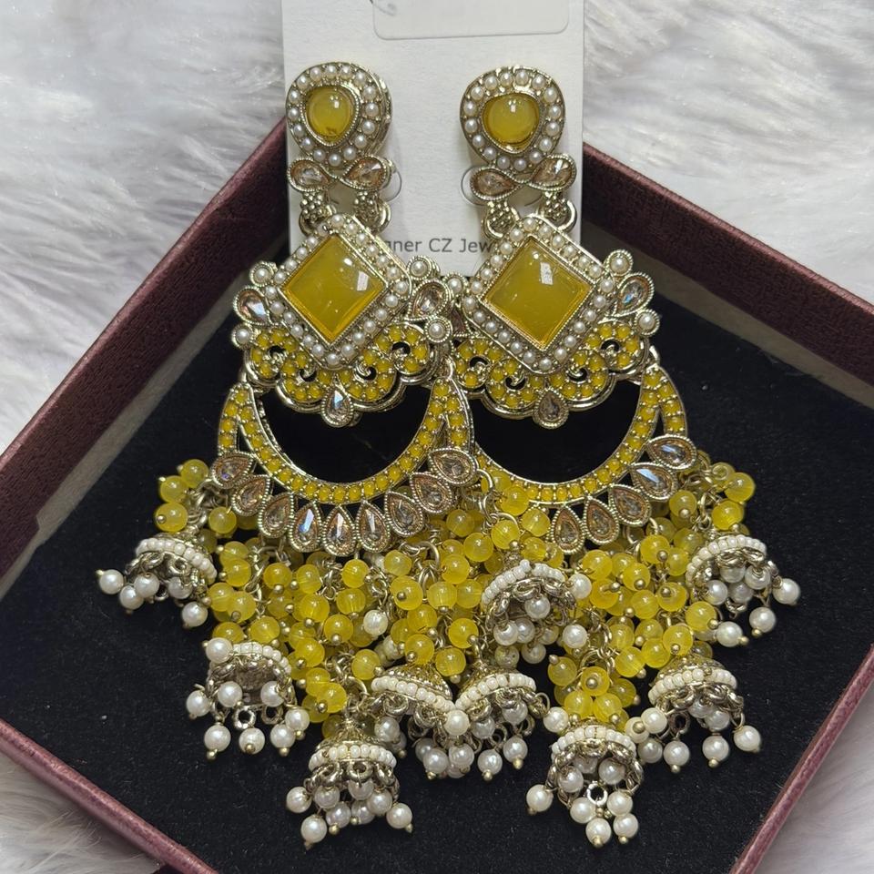 Yellow bead chandbali earrings