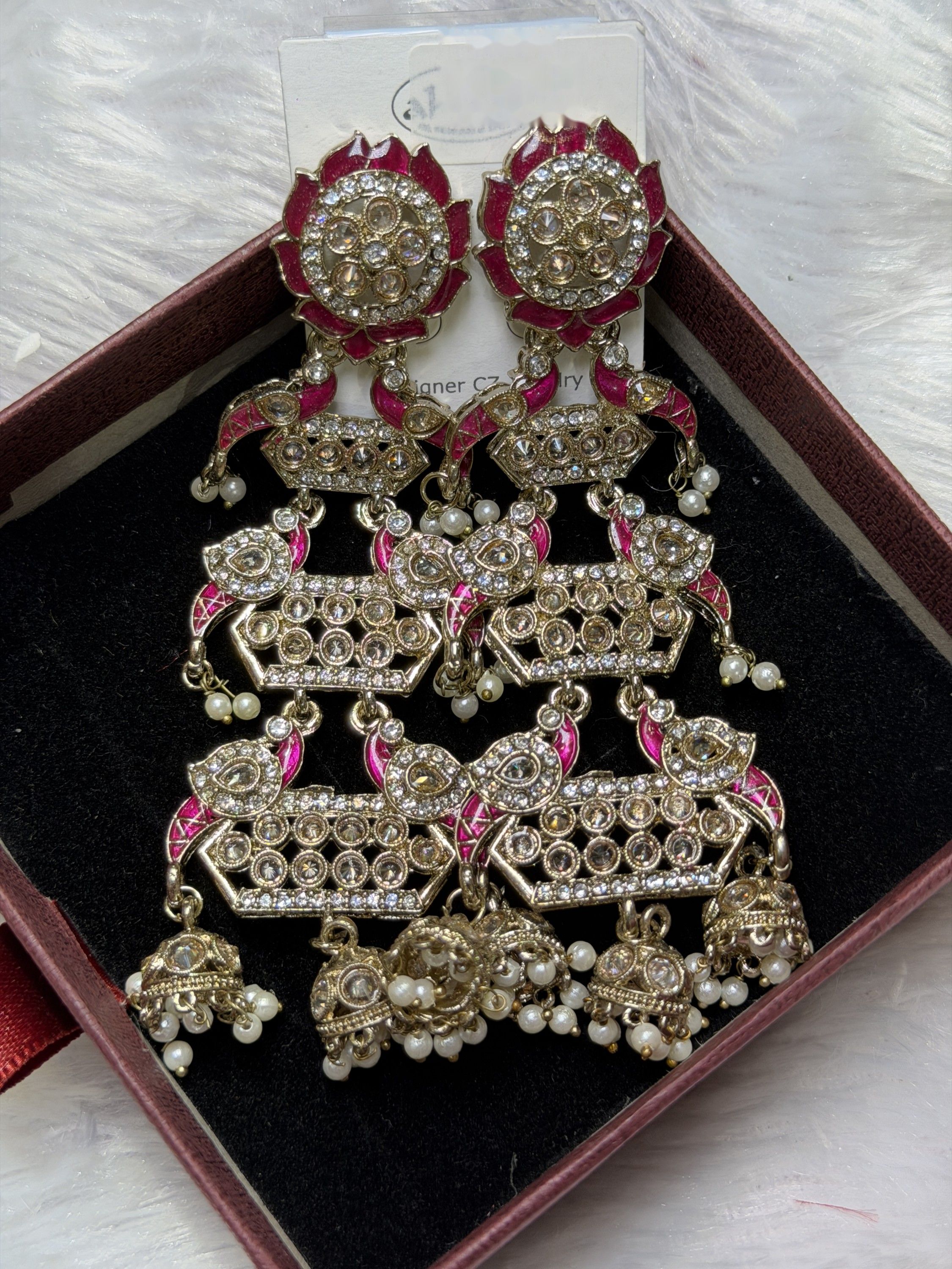 Pink meena layered jhumka earrings