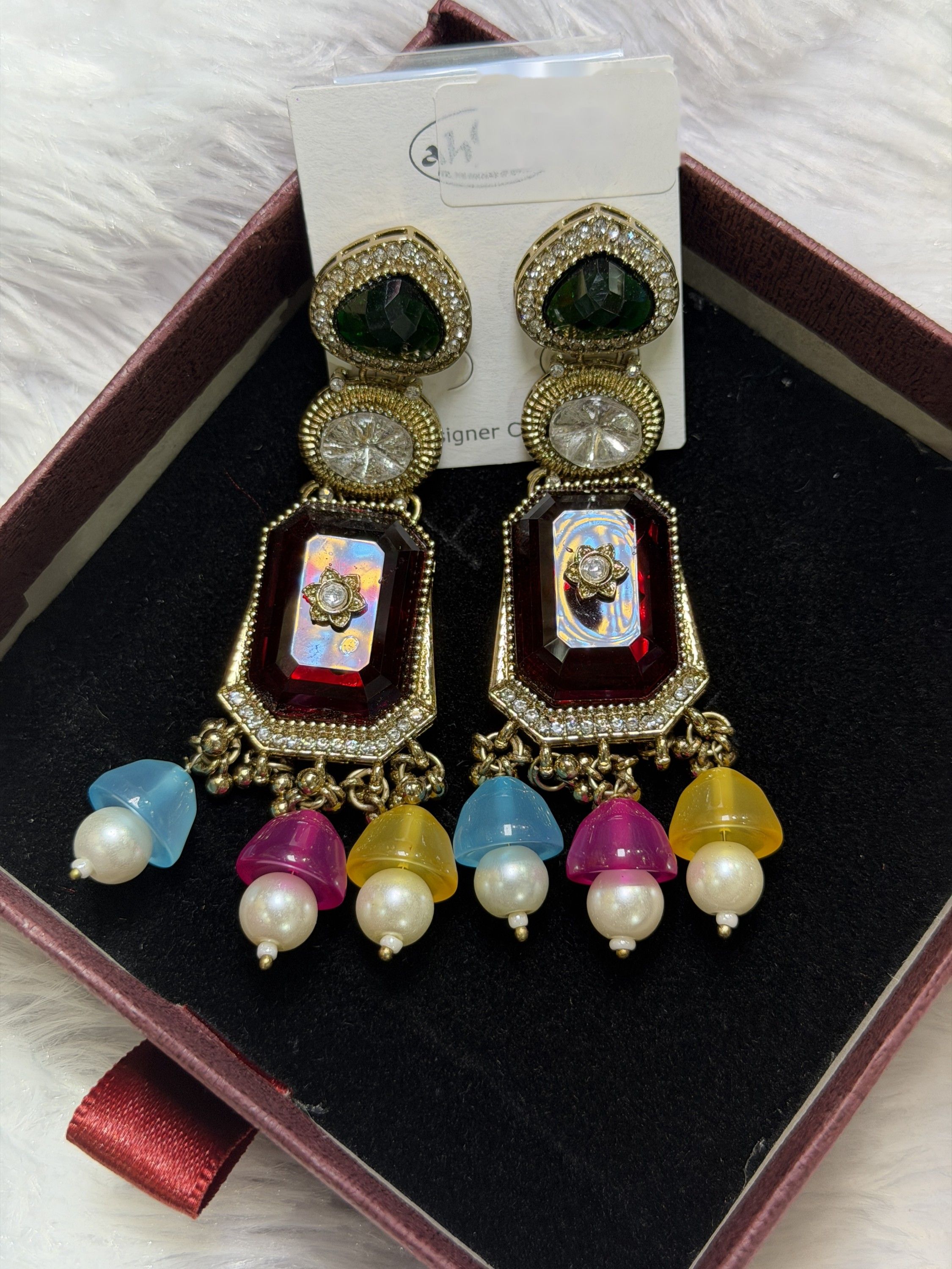 Stone drop earrings with coloured beads