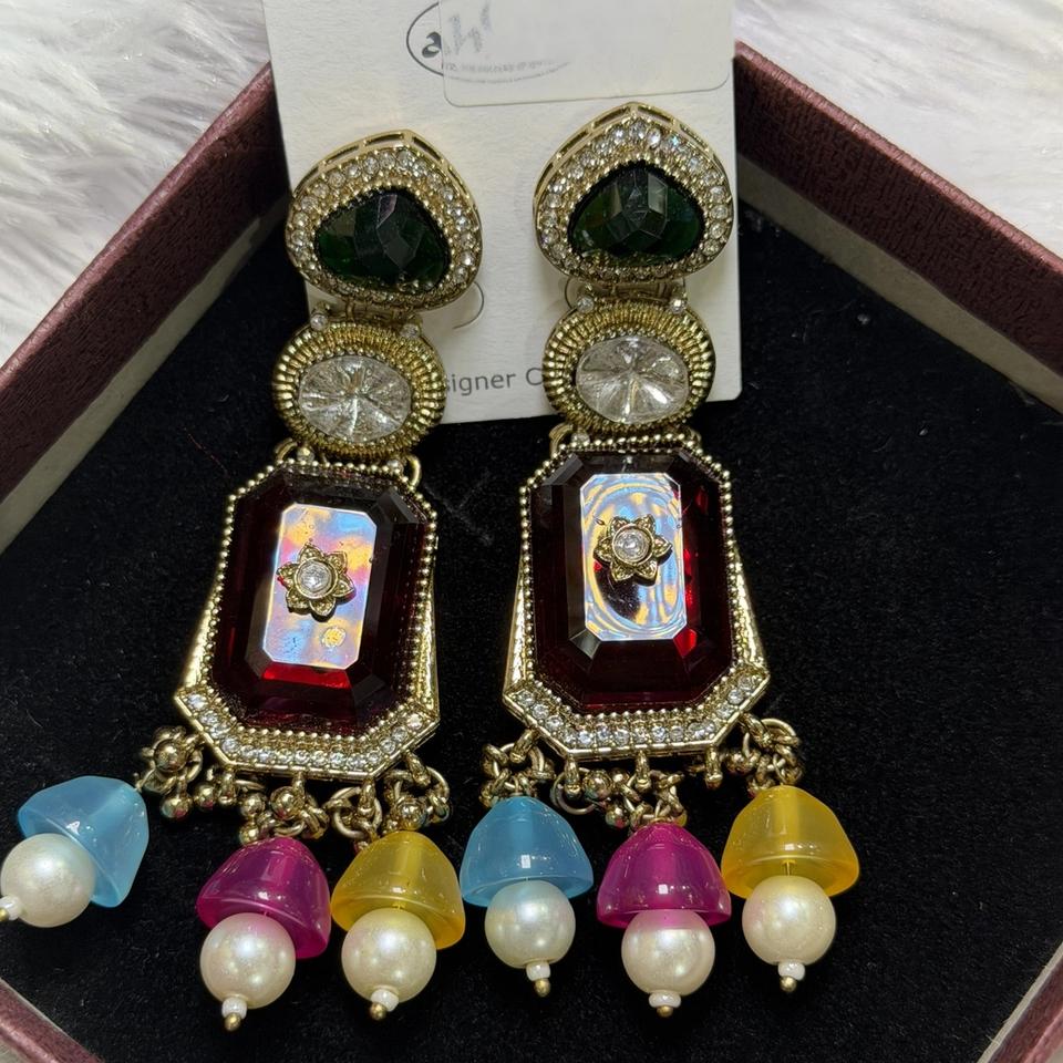 Stone drop earrings with coloured beads