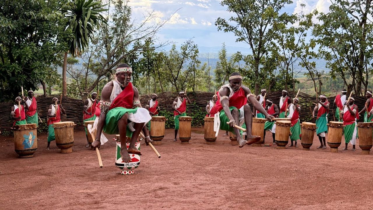 Traditional drummers performing at the Gishora sacred drums site