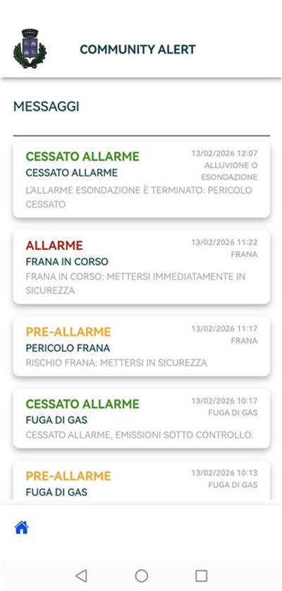 Elenco mobile degli ultimi messaggi di allarme ricevuti visualizzabili dai cittadini.