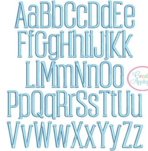 CA Liberty font sample — bold light-blue sans-serif block alphabet with a raised, embroidered outline and shadow effect giving each letter a dimensional, chunky look.